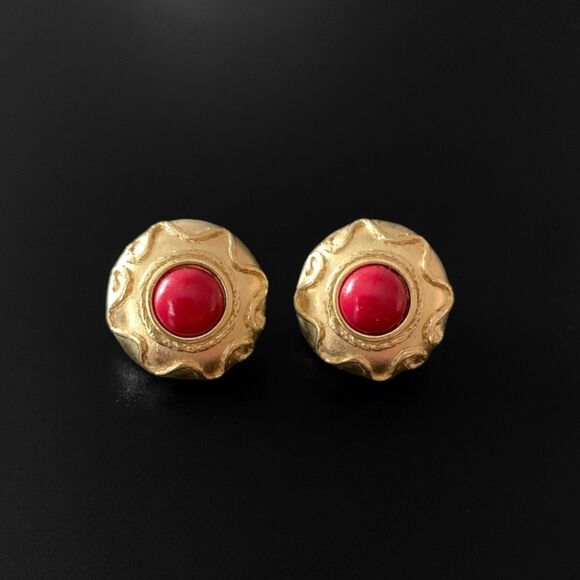 Vintage Gold Stud Etruscan Cabochon Earrings - Picture 1 of 4